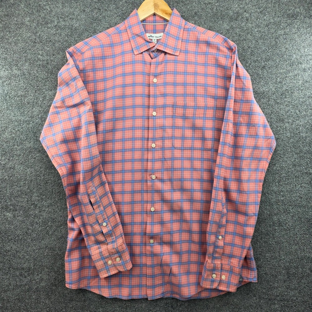 Peter Millar Mens M Cotton Silk Plaid Button Down Shirt MS19W63CFL Coral Blue‎